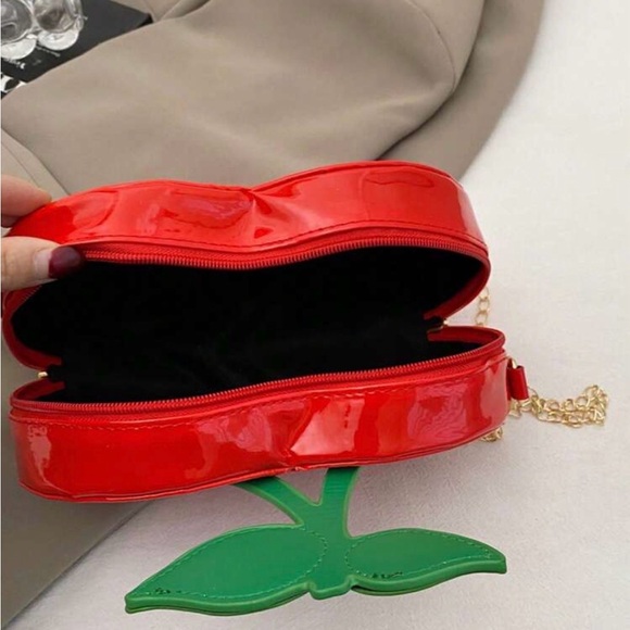 Red Cherry-Shaped Mini Crossbody Bag with Green Leaf Accent - Picture 7 of 10